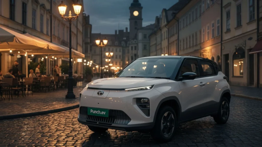 Tata Punch EV parked on a European-style city street at night, reflecting its premium design and urban-friendly electric character.