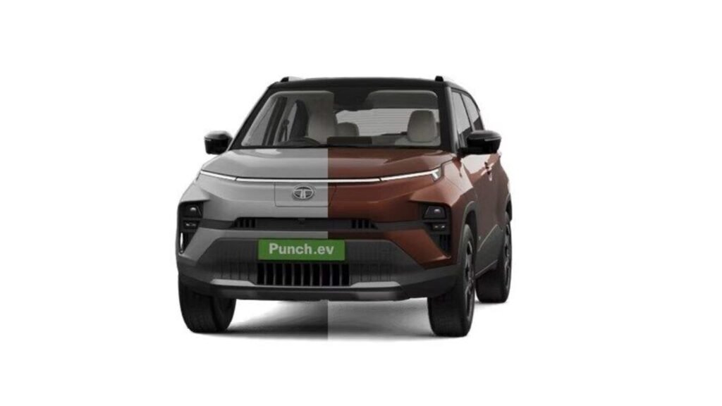 Front view of the Tata Punch EV displaying contrasting colour options, emphasizing its modern styling and customisation choices.